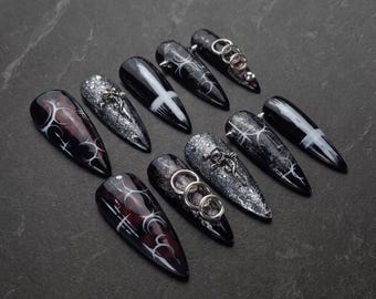 Gothic Grunge Press On Nails, 3D Cross Rose Stiletto Nails, Chrome Grunge Punk Nail Art, Dark Alternative Reusable Gel Nails