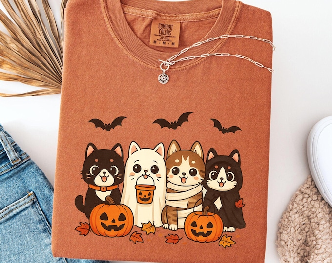 Cat & Witch Brooms Halloween T-Shirt: Spooky Retro Comfort Colors Tee