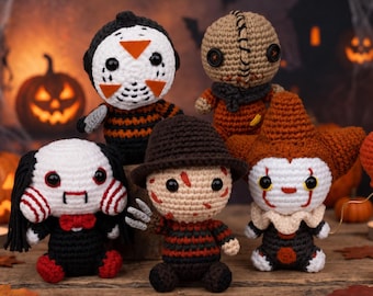 Horror Movie Inspired Crochet Plush Set, Halloween Horror Dolls, Handmade Spooky Decor