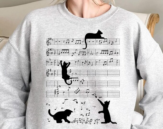 Cute Cat Kitty Playing Music Note Clef Musician Art Sweatshirt, Funny Cat Sweatshirt, Cute Cat Sweatshirt for Women, for Men