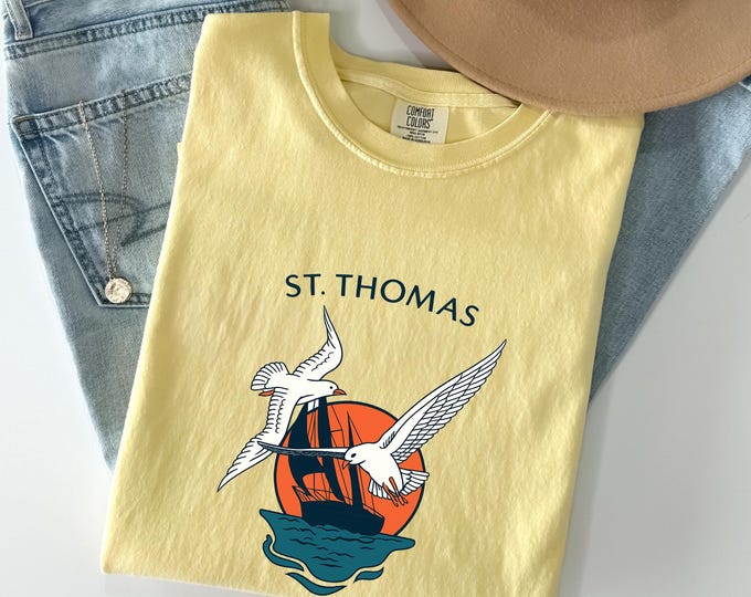 St. Thomas T-Shirt, Vintage Coastal Graphic Tee, Retro Seagull Ocean Shirt, Minimalist Island Vacation Top, Beach Gift