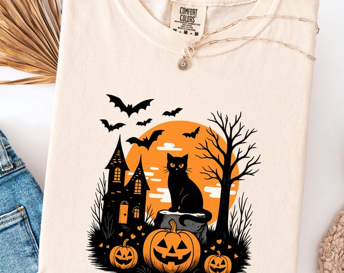 Vintage Halloween Black Cat Comfort Colors Tee: Pumpkin Moon Shirt