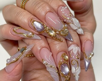 Pink Gold Rococo Press On Nails, 3D Pearl Floral Stiletto Nails, Vintage Baroque Luxury Nail Art, Handmade Reusable Gel Set