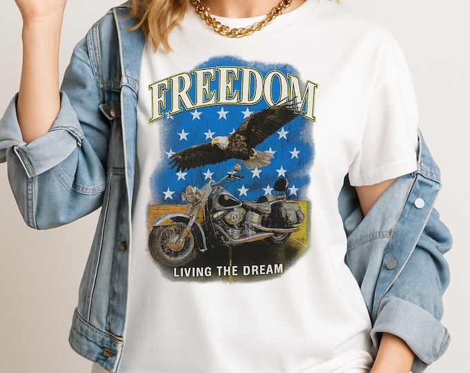 Vintage Freedom Eagle Biker Tee, Retro Motorcycle Graphic Shirt, American Flag 90s Style T-Shirt, Living the Dream Top