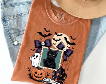 Halloween Shirt Black Cat Ghost Pumpkin Bats Graphic Comfort Colors, Cute Spooky Fall T-Shirt, Witchy Cat shirt, Vintage Halloween Aesthetic