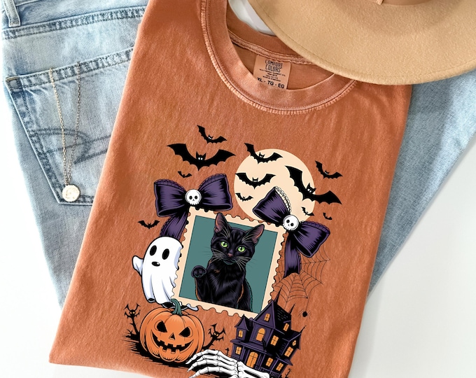 Halloween Shirt Black Cat Ghost Pumpkin Bats Graphic Comfort Colors, Cute Spooky Fall T-Shirt, Witchy Cat shirt, Vintage Halloween Aesthetic