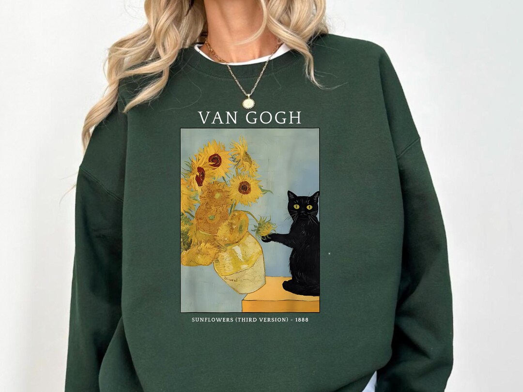 Sweat à Capuche Humoristique Van Gogh Chat – Design Tournesols Et Chat, Coupe Classique, 241 G - 4