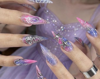Cyber Sigilism Purple Pink Chrome Y2K Goth Press On Nails, 3D Liquid Metal Tribal Nail Art, Handmade Reusable Gel Set