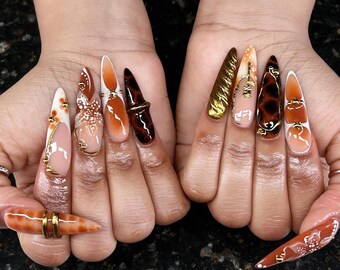 Autumn Brown Orange Gold Stiletto Nails, Chocolate Amber 3D Floral Nail Art, Handmade Reusable Gel Set