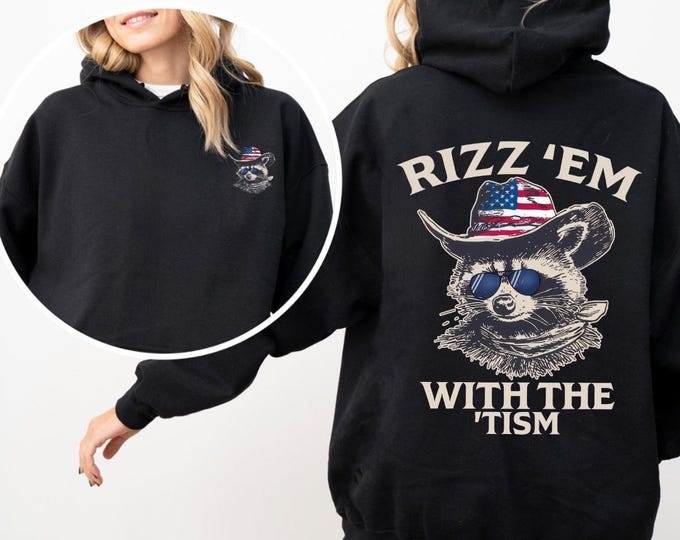 Rizz Em With The Tism Racoon Cowboy Hoodie, Raccoon Meme Sweatshirt, Rizz Em With The Tism Vintage Funny Raccoon Hoodie, Front and Back