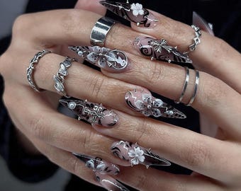 Gothic Romantic Press On Nails, Pink Black Lace Stiletto Nails, 3D Floral Silver Charm Dark Coquette Nail Art, Handmade Reusable Gel Set