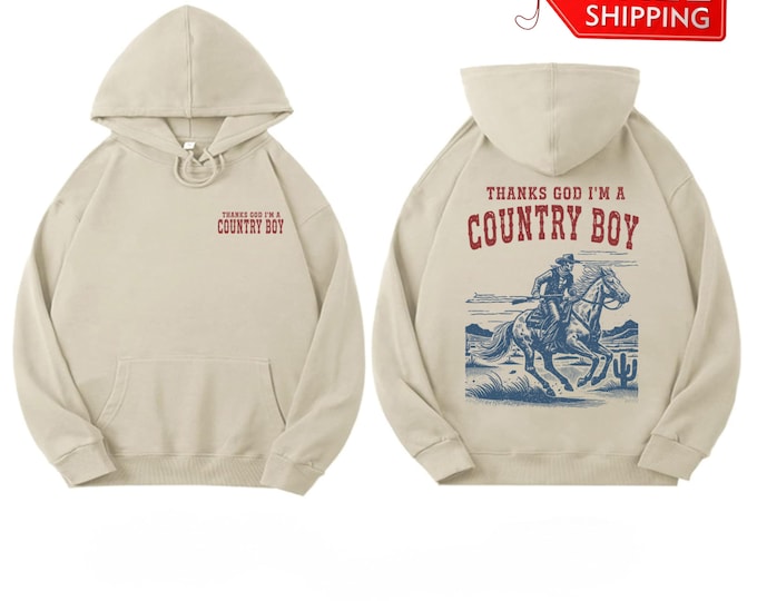 Country Boy Sweatshirt - Western Cowboy Riding Horse Shirt, Thanks God I’m a Country Boy Graphic Crewneck, Country Western Gift for Him