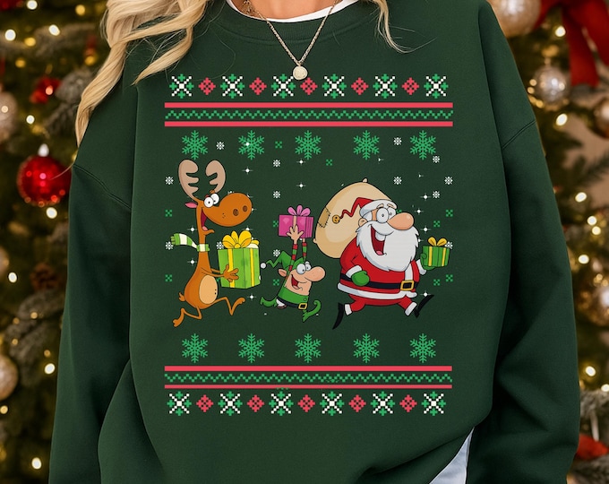Cute Santa and Reindeer Ugly Christmas Sweatshirt, Cartoon Holiday Crewneck, Funny Xmas Gift Sweater, Festive Winter Pullover