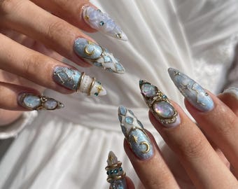 Stained Glass Celestial Press On Nails, Icy Blue Pearl Chrome, 3D Gold Moon Star Baroque Nail Art, Handmade  Reusable Nails