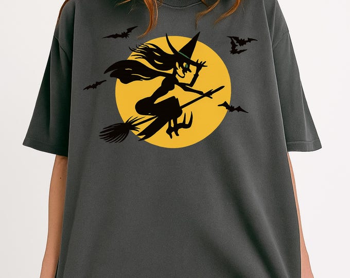 Halloween Witch Graphic Tee: Spooky Bats, Moon, Fall Outfit