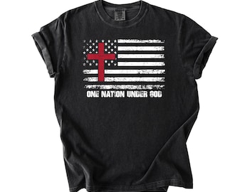 One Nation Under God Patriotic American Comfort Colors T-Shirt, Christian Patriotic T-Shirt, 4th of July T-shirt, American Flag Cross Tee