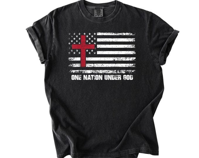 One Nation Under God Patriotic American Comfort Colors T-Shirt, Christian Patriotic T-Shirt, 4th of July T-shirt, American Flag Cross Tee
