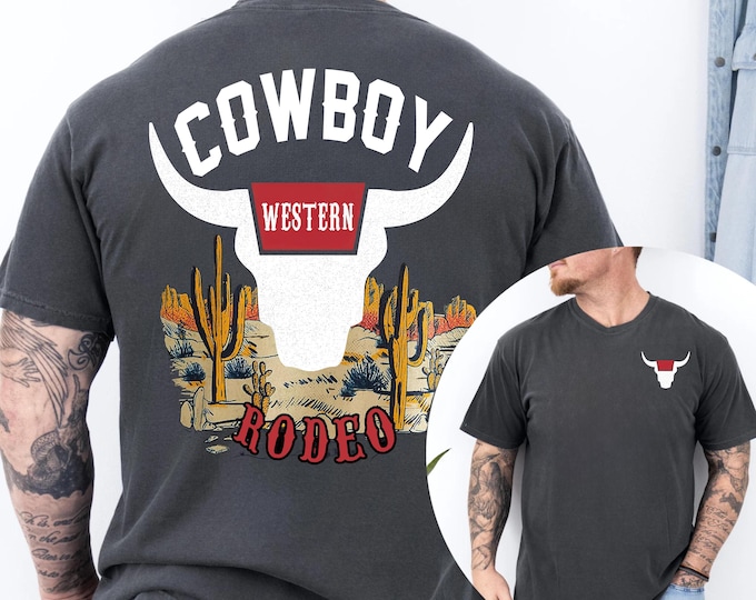 Rodeo Classic Western Design with Bull Skull and Desert Cactus Scene Comfort Color T-Shirt, Rodeo Graphic T-Shirt, Vintage Cowboy Shirt