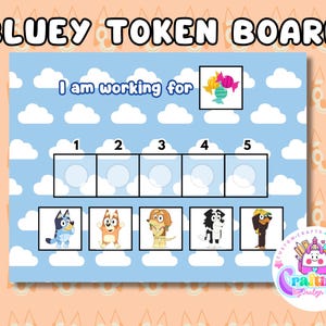 Op de afbeelding: Een Bluey Token Board met de tekst "BLUEY TOKEN BOARD" bovenaan. Het bord heeft een lichtblauwe achtergrond met witte wolken en de tekst "I am working for". Het heeft vijf vakjes voor tokens en afbeeldingen van Bluey-personages.