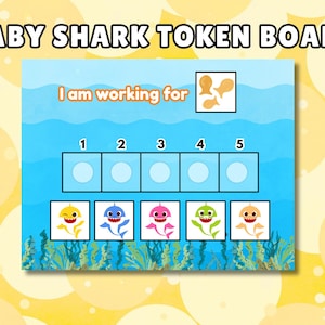 May include: A Baby Shark token board with a blue ocean background. The board has five spaces for tokens, and features Baby Shark characters. The text "I am working for" is above the token spaces.