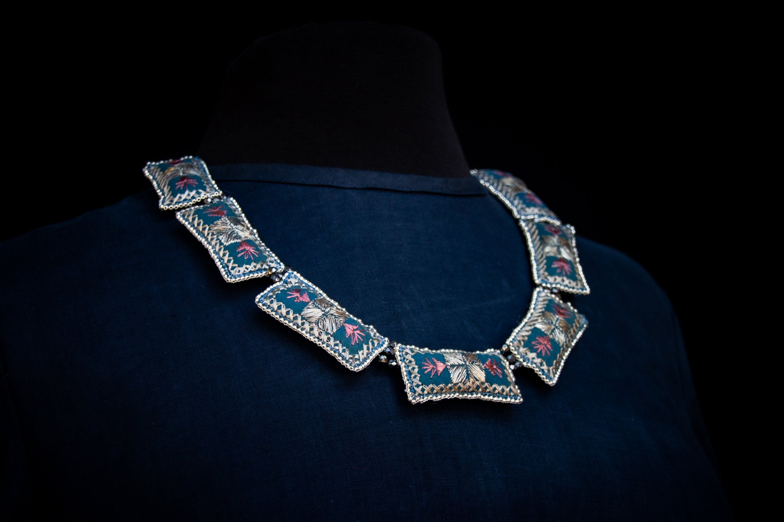 Antique Embroidered Art Deco Textile Bead Necklace Etsy