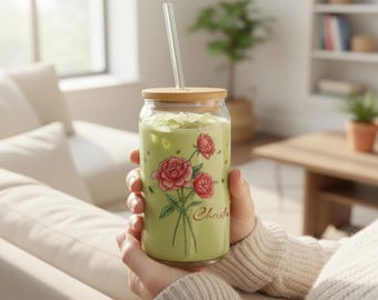 Customizable Sipper Cup Birth Flower and Name Glass To-Go Iced Coffee Mug