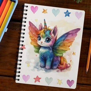 May include: A watercolor illustration of a rainbow unicorn cat with wings. The cat has a blue body, a rainbow mane and tail, and rainbow wings. The background is white with stars and hearts.