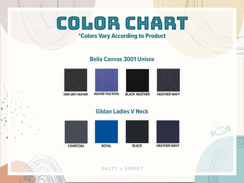 May include: A colour chart showing fabric swatches for Bella Canvas 3001 Unisex and Gildan Ladies V Neck garments. Colours include Dark Grey Heather, Heather True Royal, Black Heather, Heather Navy, Charcoal, Royal, and Black.