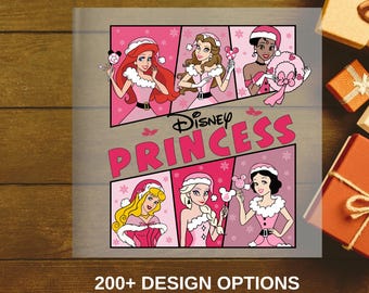 Princesas Disney Navidad DTF, Conjuntos Navideños Disney Familiares Listos para Imprimir, Blancanieves, Ariel, Bella, Cenicienta, Elsa DTF