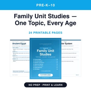 Puede incluir: Un conjunto de 24 páginas educativas imprimibles tituladas Family Unit Studies - One Topic, Every Age para los grados Pre-K-10. El documento presenta una página de portada azul central que enumera temas como el antiguo Egipto y el sistema solar.