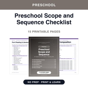 Peut inclure: Une liste de contrôle de 15 pages imprimables pour le programme préscolaire, avec une page de couverture gris foncé intitulée Preschool Scope and Sequence, entourée de deux pages blanches détaillant la lecture et la composition en pré-maternelle.