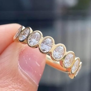 Half Eternity Oval Lab Grown Diamond Wedding Band Bezel Set Oval Diamond Band Bridal Anniversary Matching Band For Women Stackable Ring