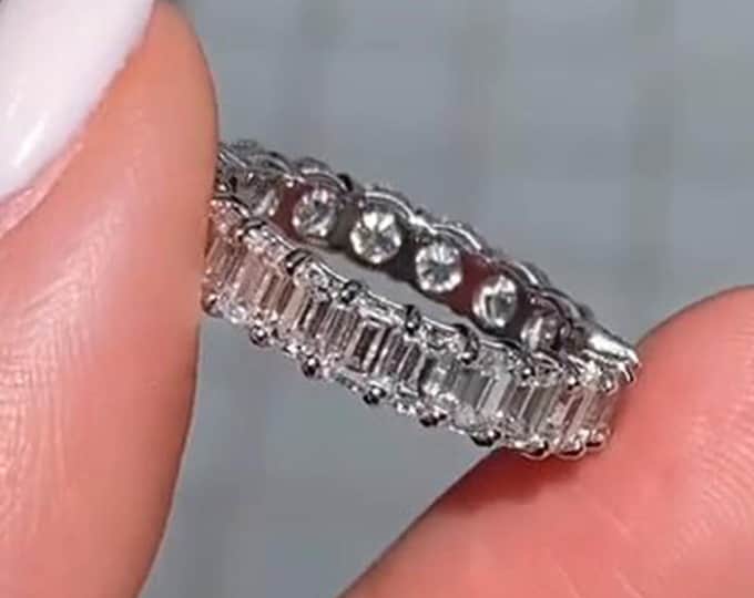 Unique Cocktail Emerald & Round Cut Lab Grown Engagement Band Diamond Wedding Band Solid Gold Two Shape Band Full Eternity Band Gift For Her