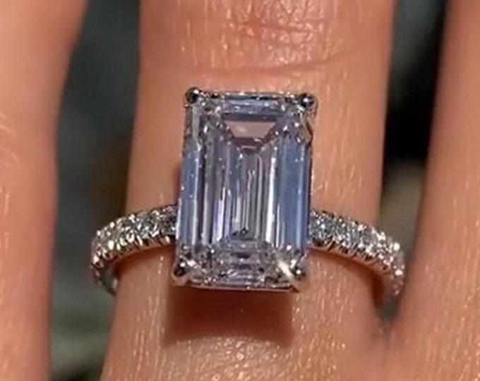 Emerald Cut Lab Grown Diamond Engagement Ring Hidden Halo Ring IGI Certified 14K White Gold Pave Wedding Ring Anniversary Ring Gift for Her