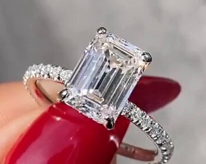 3CT Emerald Cut Lab Grown Diamond Engagement Ring Pave Setting Band 14k Gold Wedding Ring Unique Ring Emerald Cut Ring For Her Proposal Ring