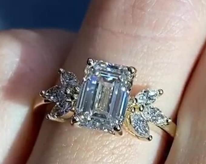 2.5CT Emerald Cut Lab Grown Engagement Ring Emerald Cut Cluster Ring 14k Gold Wedding Ring For Her Promise Ring Birthday Gift For Women