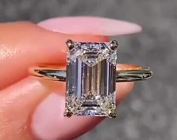 3CT Emerald Cut Lab Grown Diamond Engagement Ring Emerald Solitaire Ring 14k Gold Wedding Ring Emerald Cut Ring For Her Promise Ring