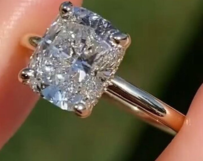 2CT Elongated Cushion Cut Lab Grown Diamond Engagement Ring Cushion Cut Solitaire Ring 14k Gold Hidden Halo Ring Wedding Ring For Her