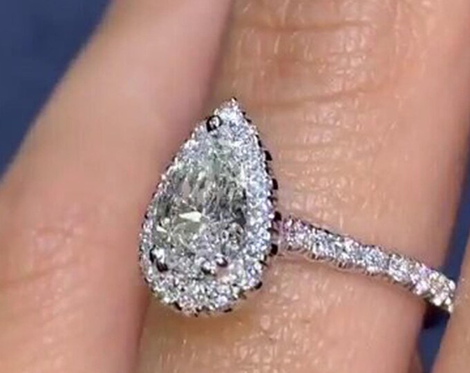 Vintage Pear shaped Lab Grown Engagement Ring Pear Cut Unique 14k White Gold Halo Ring Wedding Ring Anniversary Ring Proposal Ring
