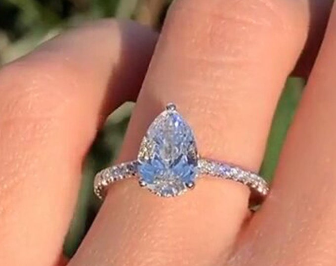 Pear Cut Lab Grown Diamond Engagement Ring Unique Hidden Halo Wedding Ring IGI Certified 14K Gold Promise Ring Anniversary Gift For Her