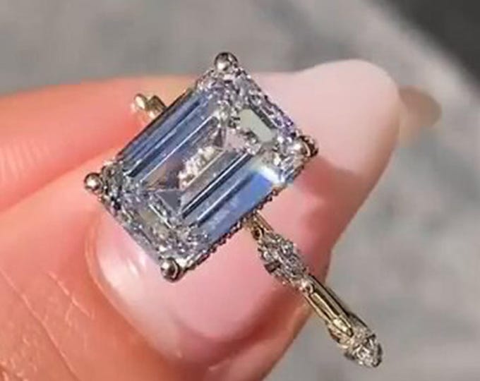 3.50CT Emerald Cut Lab Grown Engagement Ring Hidden Halo Wedding Ring With Distance Pave Band 14K Gold Ring Anniversary Gift Promise Ring