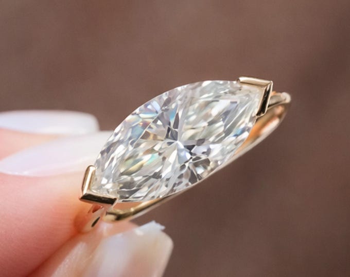 East West Marquise Cut Lab Grown Diamond Half Bezel Solitaire Engagement Ring Horizontal Diamond Ring Yellow Gold Wedding Ring Promise Ring