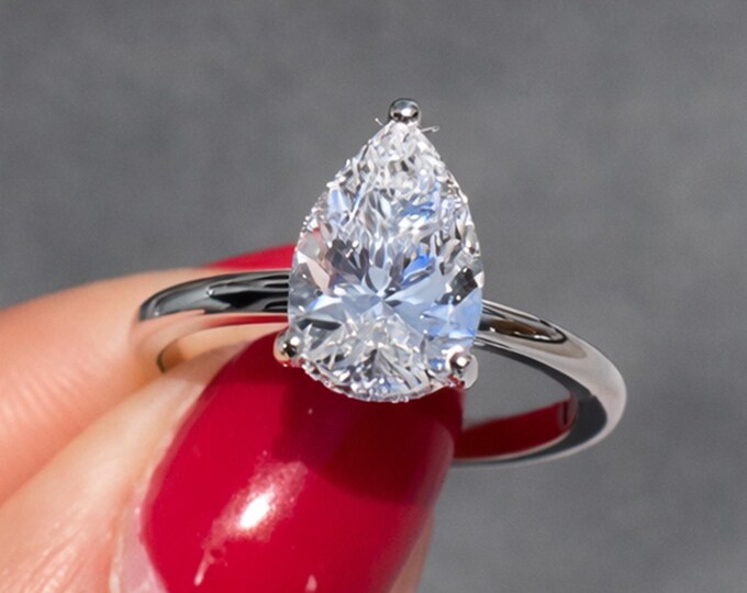 2CT Pear Lab Grown Diamond Engagement Ring 14k Gold Tear Drop hidden halo Solitaire Wedding Ring Promise Ring Anniversary Gift