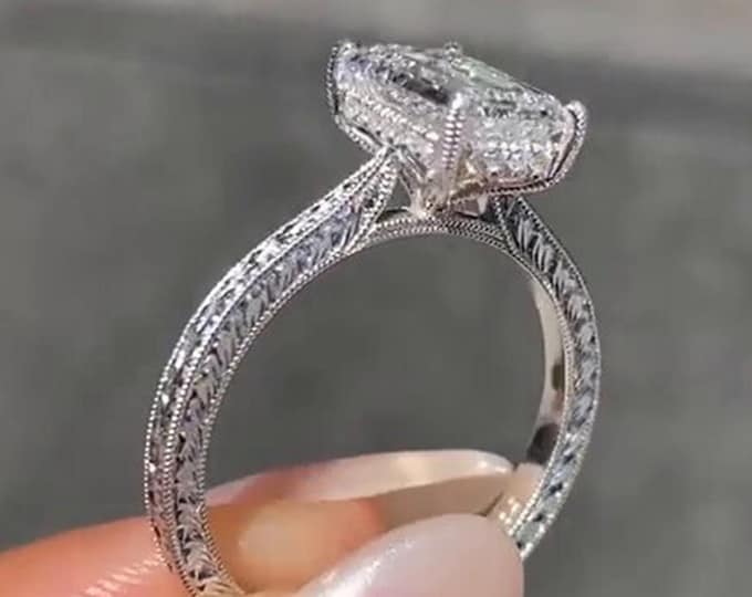 Emerald Cut Engagement Ring Art Deco Lab Grown Diamond Ring Handmade Ring Vintage Style Anniversary Ring For Women
