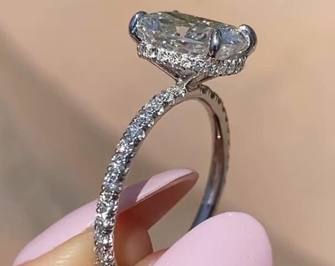 Lab Grown Diamond Ring 3CT Elongated Cushion Lab Diamond Engagement Ring Cushion Cut 14K Solid Gold IGI Certified Lab Created Diamond Ring