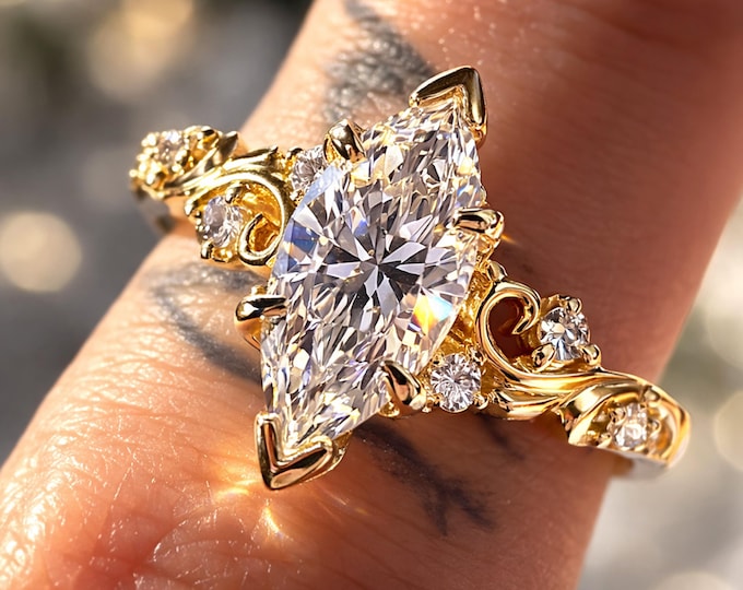 Vintage Inspire Marquise Lab Grown Diamond Engagement Ring 14K Solid Gold Natural Inspired Fairy Wedding Ring Promise Ring IGI Certified