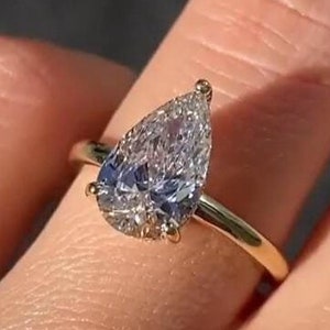 3CT Pear Hidden Halo Moissanite Engagement Ring Solitaire Pear Cut 14K Yellow Gold Anniversary Gift For Her Ring For Women Personalized Gift