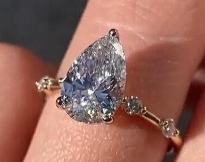 2.5CT Pear Cut Lab Grown Diamond Engagement Ring Pear Cut Lab Created Diamond Distance Pave Ring IGI Certified Comfort Fit Ring For Women