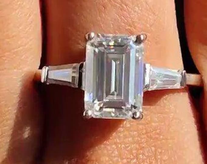Emerald Cut Diamond Three Stone Engagement Ring Side Tapered Baguettes Lab Grown Diamond Ring for Proposal Anniversary Gift Ring for Her