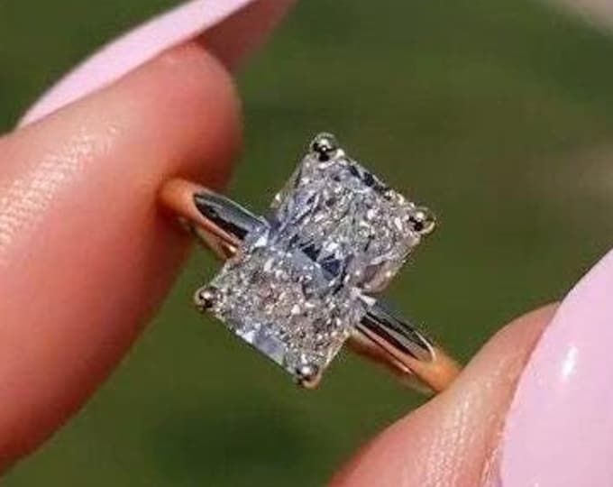 4CT Radiant Cut Lab Grown Diamond Engagement Ring 14k Gold Wedding Ring Radiant Cut Solitaire Ring Hidden Halo Ring Proposal Ring For Her